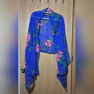 American Eagle Outfitters 100% Cotton Royal Blue Floral Fringe 70x26”Scarf Shawl